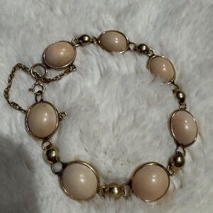 Vintage Sorrento Gold Tone Metal and Cream Peach Bead Bracelet with Safety Chain